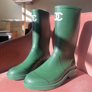 CHANEL Caoutchouk CC High Boots 41/10 Dark Green